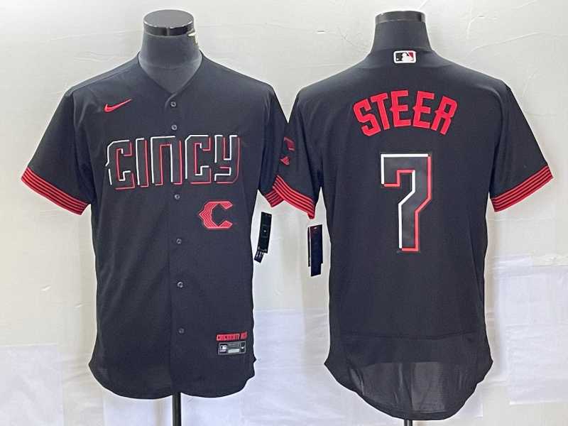 Mens Cincinnati Reds Spencer Steer Black 2023 City Connect Flex Base Stitched Jersey